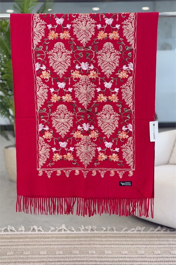 Motif Nakış İşlemeli Kaşmir Şal Vişne Renk