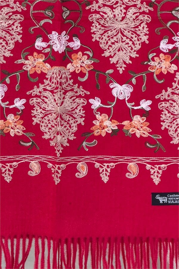Motif Nakış İşlemeli Kaşmir Şal Vişne Renk