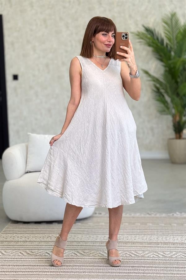 Omuzları Fileli Kolsuz Keten Elbise Bej Renk