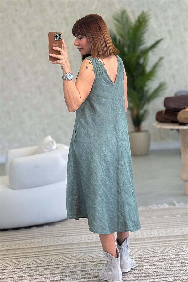 Omuzları Fileli Kolsuz Keten Elbise Haki Renk