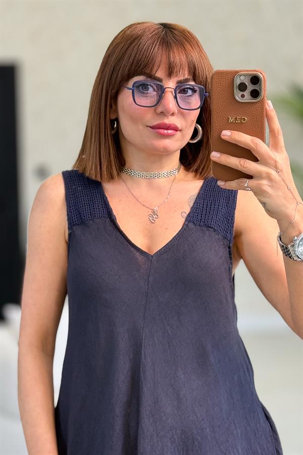 Omuzları Fileli Kolsuz Keten Elbise Lacivert Renk