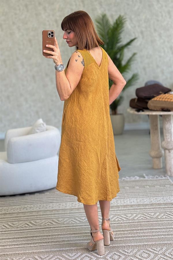 Omuzları Fileli Kolsuz Keten Elbise Taba Renk