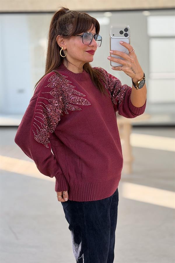 Omuzları Taş Boncuk İşlemeli Premium Kazak Bordo Renk