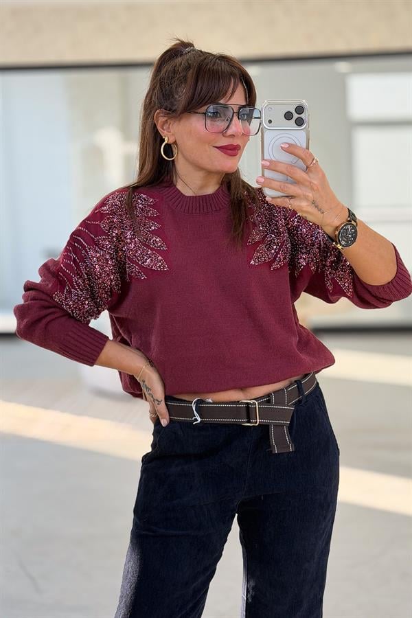 Omuzları Taş Boncuk İşlemeli Premium Kazak Bordo Renk