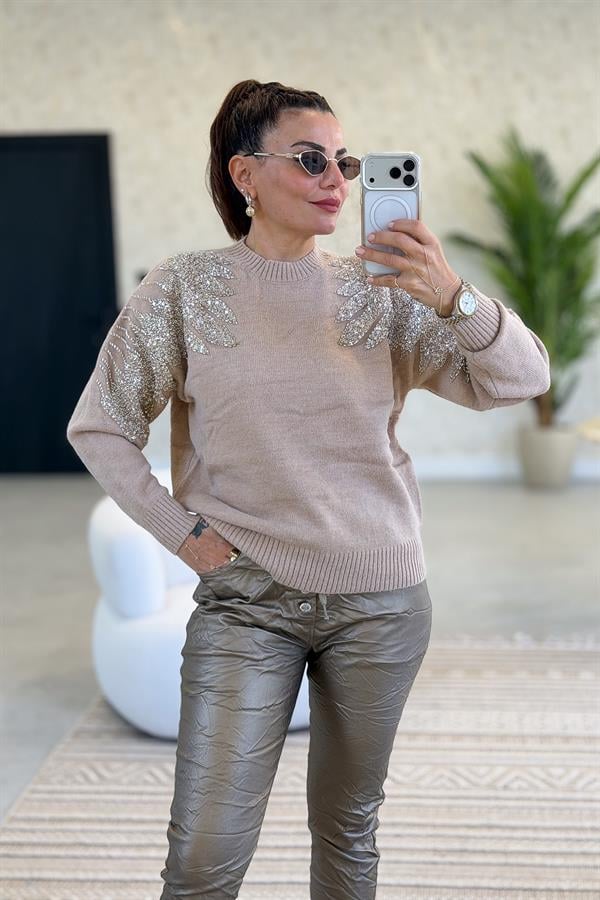 Omuzları Taş Boncuk İşlemeli Premium Kazak Camel Renk