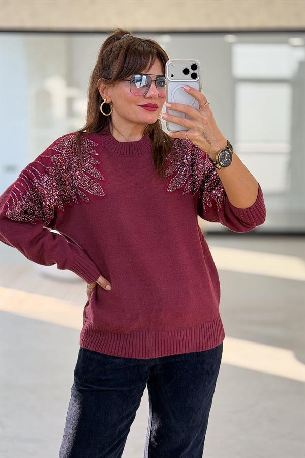 Omuzları Taş Boncuk İşlemeli Premium Kazak Bordo Renk