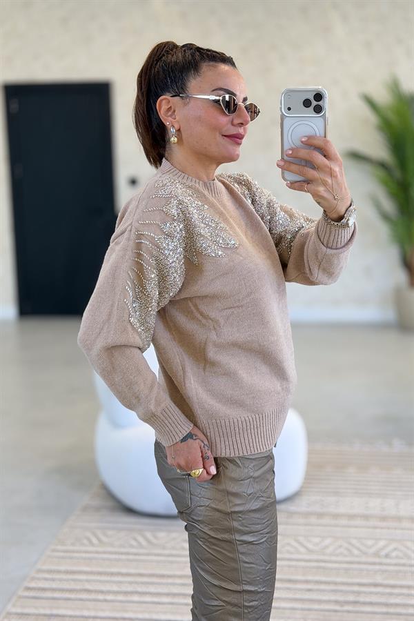 Omuzları Taş Boncuk İşlemeli Premium Kazak Camel Renk