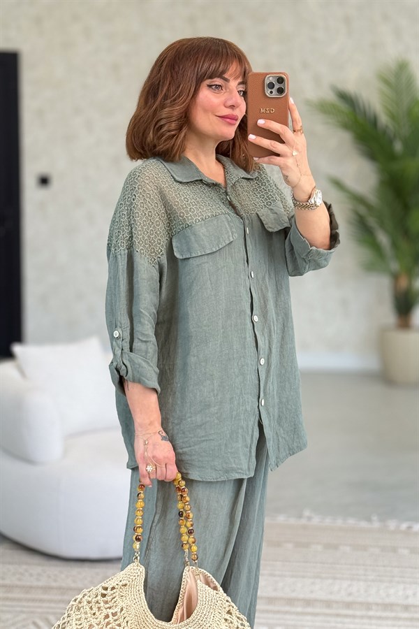 Omuzları Tül Nakış İşlemeli Keten Gömlek Haki Renk