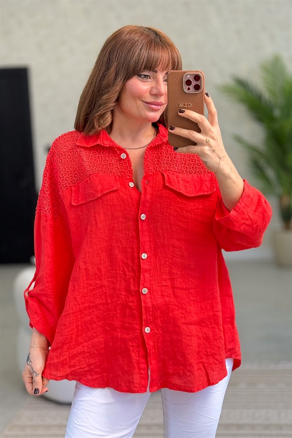 Omuzları Tül Nakış İşlemeli Keten Gömlek Nar Çiçeği Renk