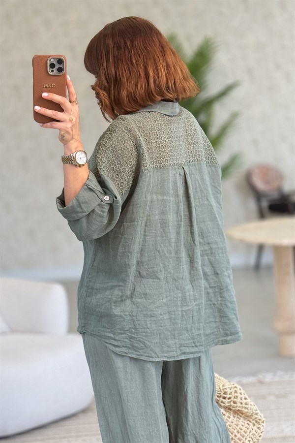 Omuzları Tül Nakış İşlemeli Keten Gömlek Haki Renk