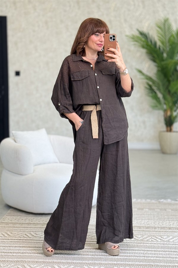 Omuzları Tül Nakış İşlemeli Keten Gömlek Acı Kahve Renk