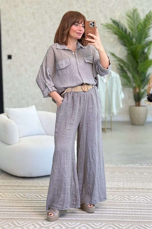 Omuzları Tül Nakış İşlemeli Keten Gömlek Vizon Renk