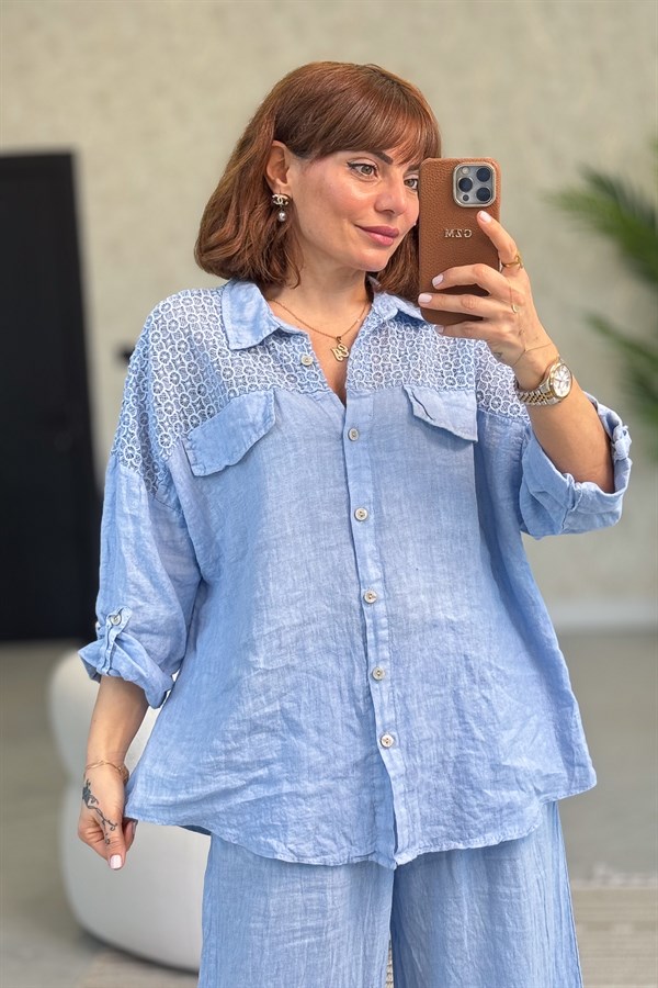 Omuzları Tül Nakış İşlemeli Keten Gömlek Bebe Mavi Renk