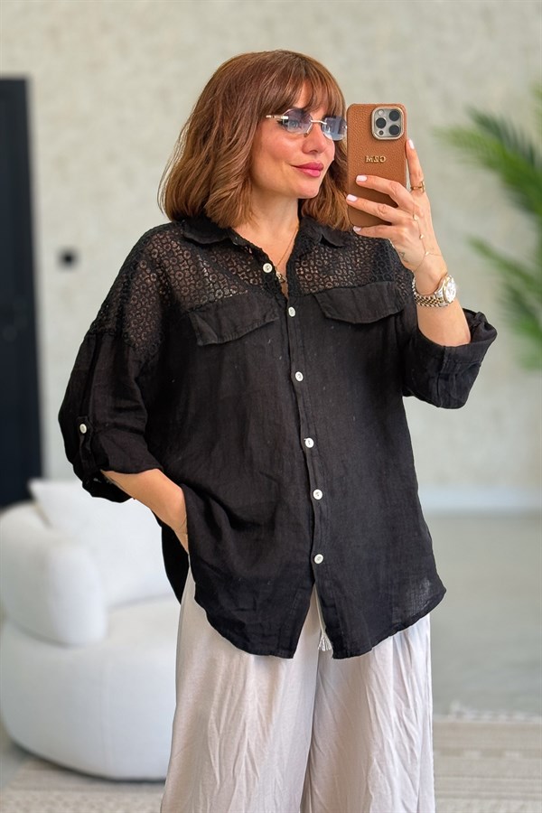 Omuzları Tül Nakış İşlemeli Keten Gömlek Siyah Renk