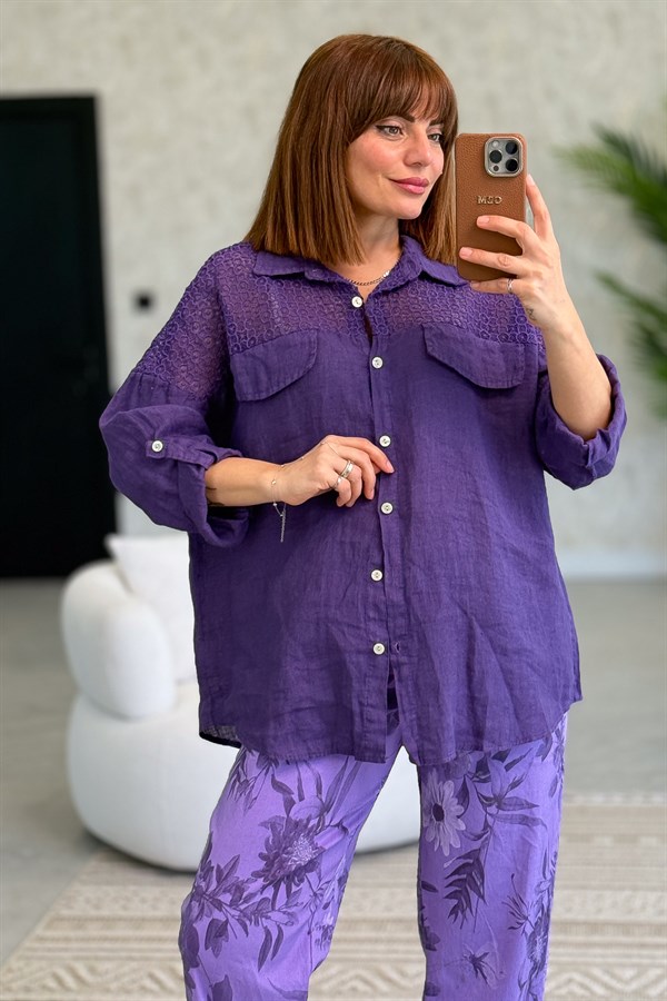 Omuzları Tül Nakış İşlemeli Keten Gömlek Mor Renk