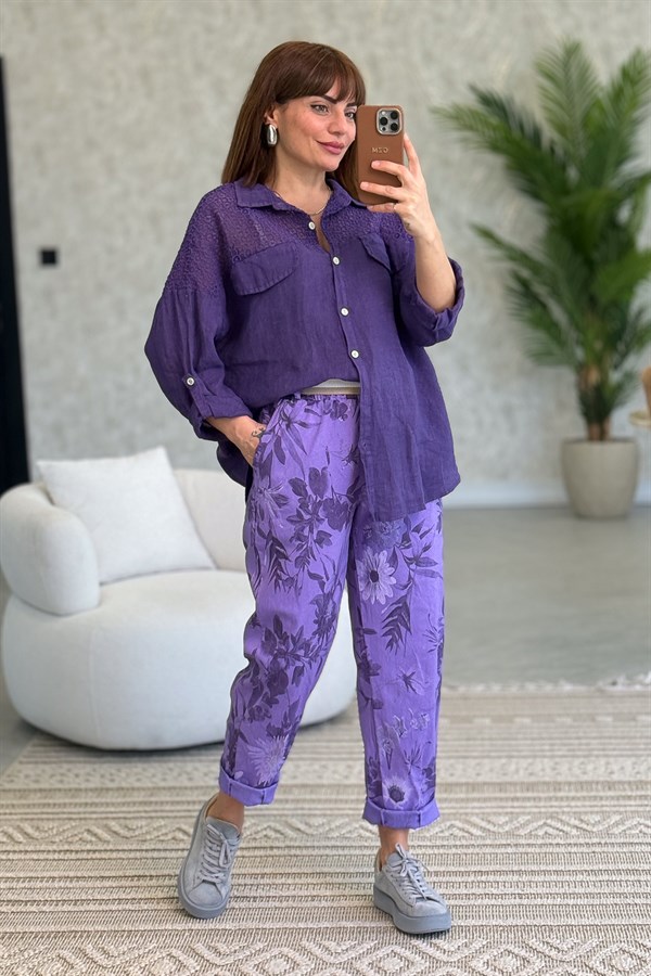 Omuzları Tül Nakış İşlemeli Keten Gömlek Mor Renk