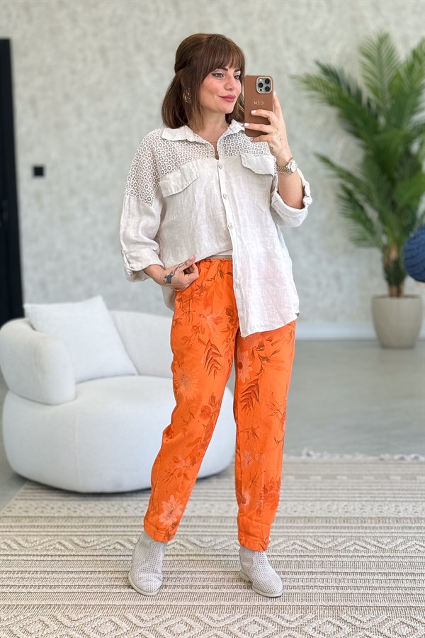 Omuzları Tül Nakış İşlemeli Keten Gömlek Bej Renk