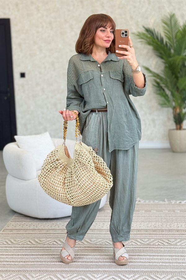 Omuzları Tül Nakış İşlemeli Keten Gömlek Haki Renk