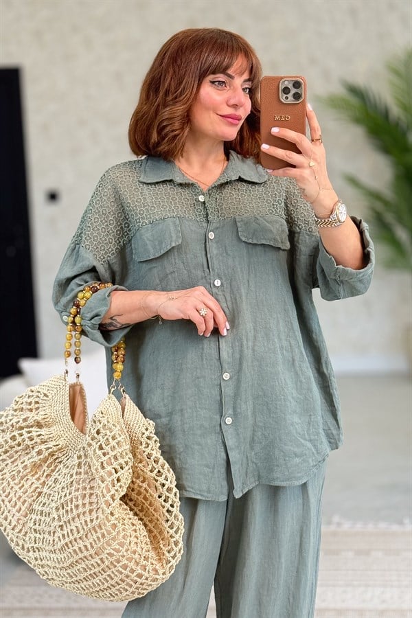 Omuzları Tül Nakış İşlemeli Keten Gömlek Haki Renk