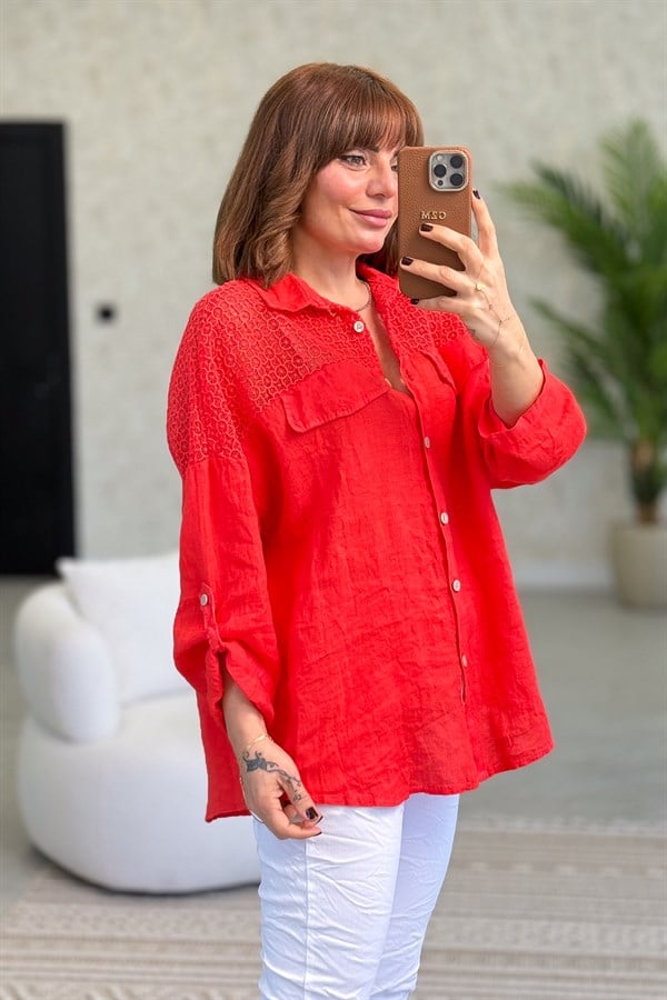 Omuzları Tül Nakış İşlemeli Keten Gömlek Nar Çiçeği Renk