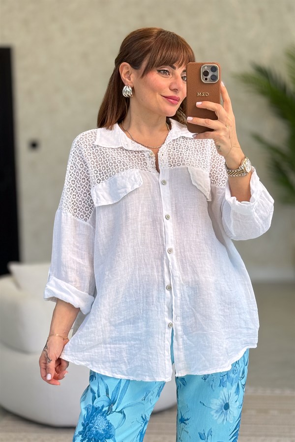 Omuzları Tül Nakış İşlemeli Keten Gömlek Beyaz Renk