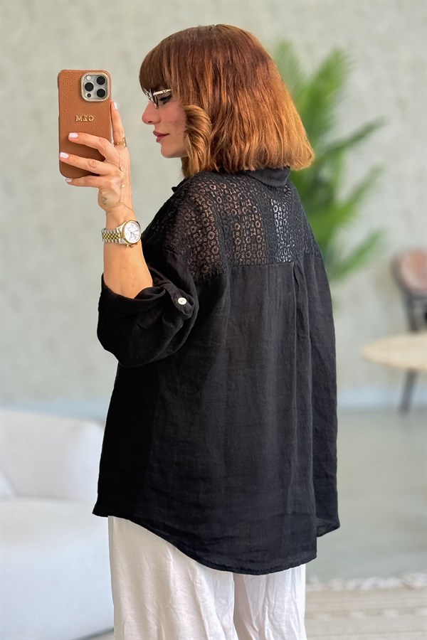 Omuzları Tül Nakış İşlemeli Keten Gömlek Siyah Renk