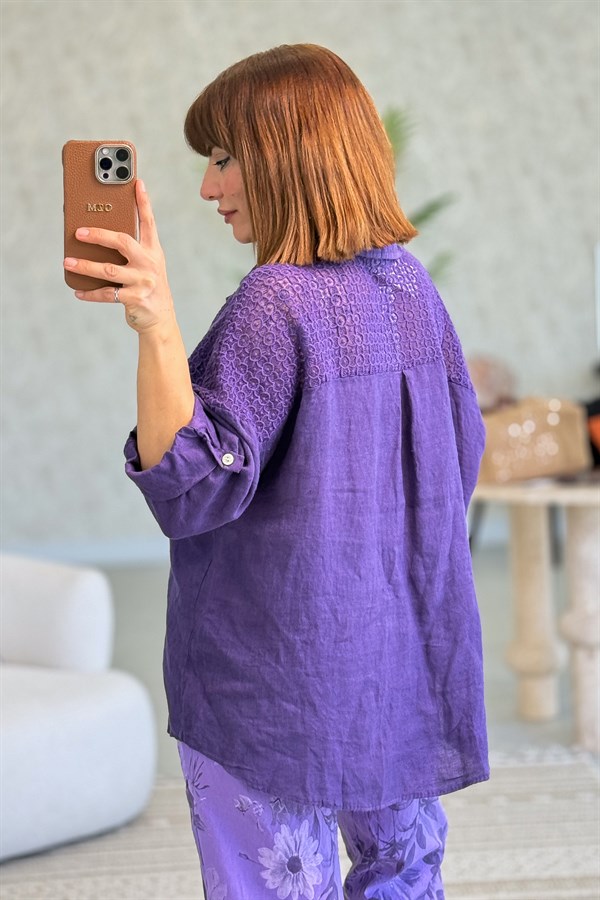 Omuzları Tül Nakış İşlemeli Keten Gömlek Mor Renk