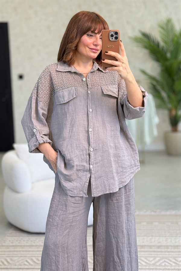 Omuzları Tül Nakış İşlemeli Keten Gömlek Vizon Renk