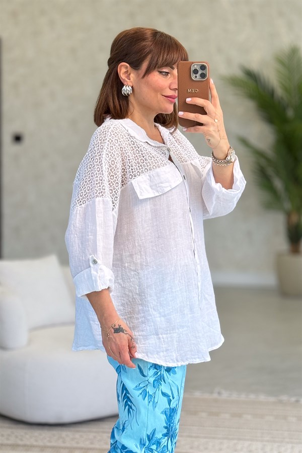 Omuzları Tül Nakış İşlemeli Keten Gömlek Beyaz Renk