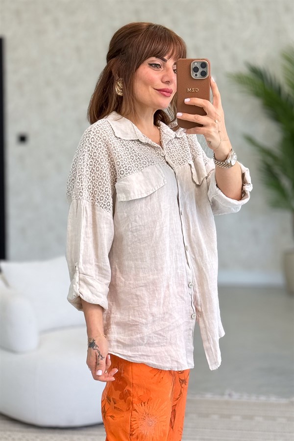 Omuzları Tül Nakış İşlemeli Keten Gömlek Bej Renk