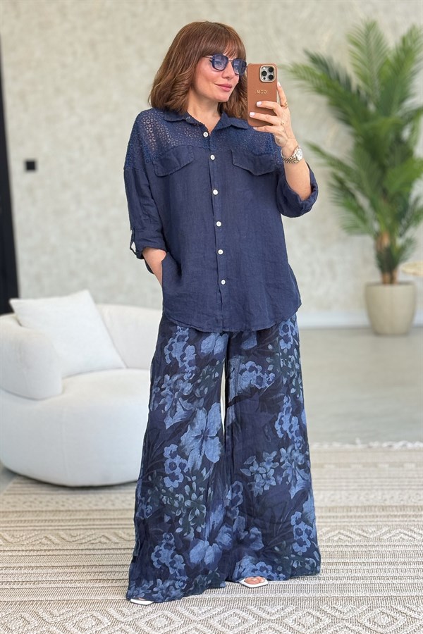 Omuzları Tül Nakış İşlemeli Keten Gömlek Lacivert Renk