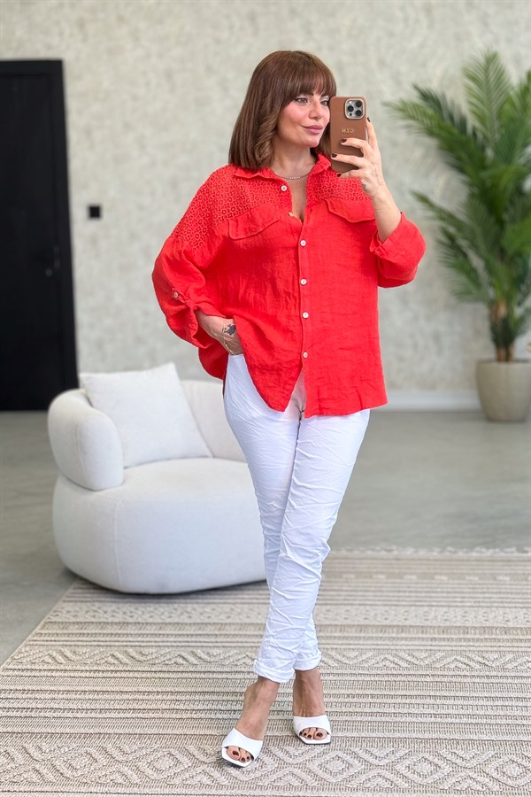 Omuzları Tül Nakış İşlemeli Keten Gömlek Nar Çiçeği Renk