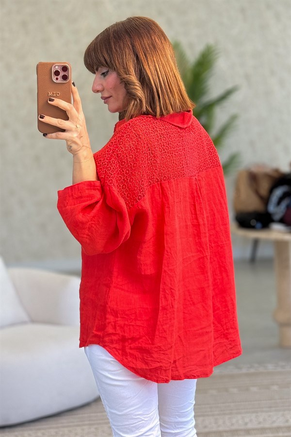 Omuzları Tül Nakış İşlemeli Keten Gömlek Nar Çiçeği Renk