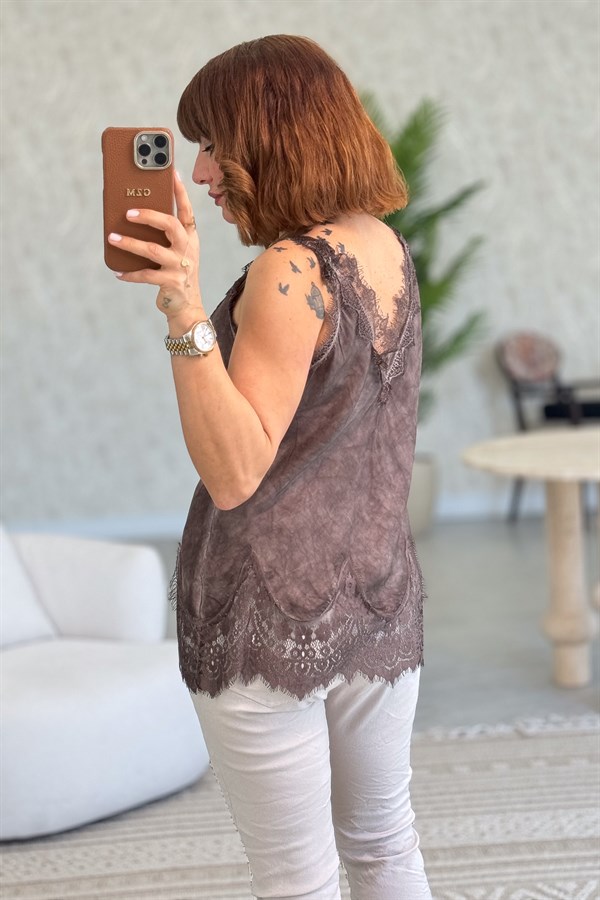 Ön Arka V Dantelli İpek Saten Badi Kahverengi Renk