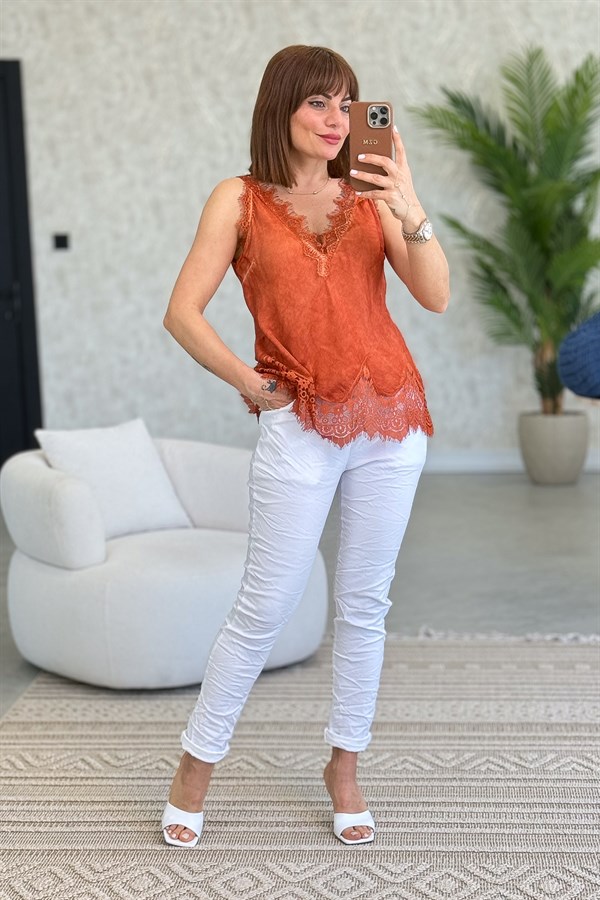 Ön Arka V Dantelli İpek Saten Badi Kiremit Renk