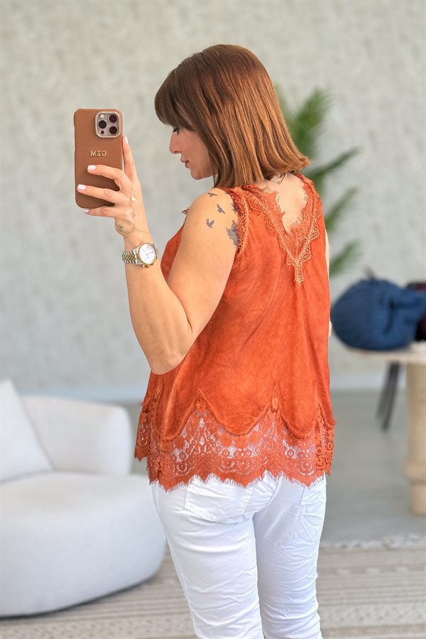 Ön Arka V Dantelli İpek Saten Badi Kiremit Renk