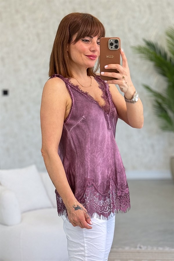 Ön Arka V Dantelli İpek Saten Badi Mürdüm Renk