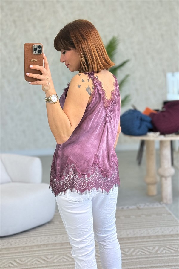 Ön Arka V Dantelli İpek Saten Badi Mürdüm Renk