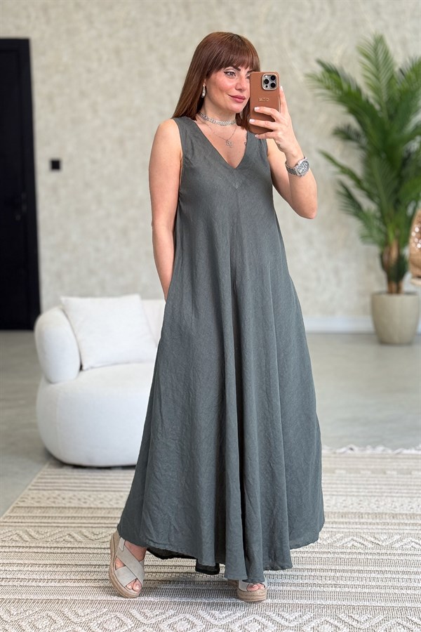 Ön Arka V Yaka Kolsuz Keten Elbise Haki Renk