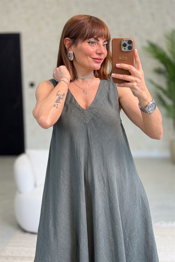 Ön Arka V Yaka Kolsuz Keten Elbise Haki Renk
