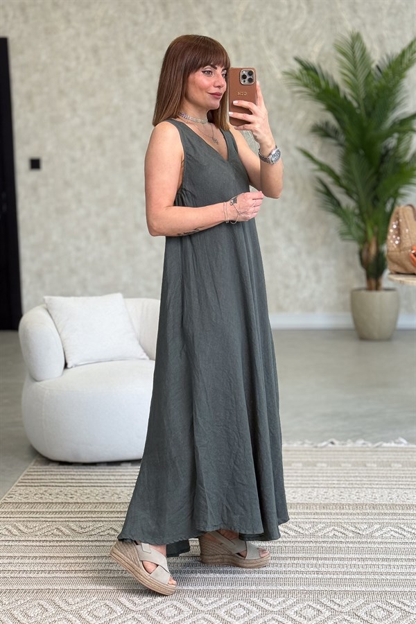 Ön Arka V Yaka Kolsuz Keten Elbise Haki Renk
