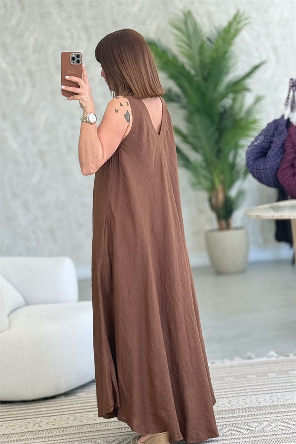 Ön Arka V Yaka Kolsuz Keten Elbise Kahverengi Renk