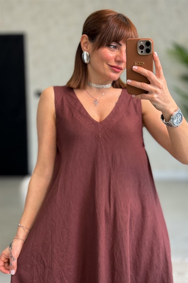Ön Arka V Yaka Kolsuz Keten Elbise Kızılkahve Renk