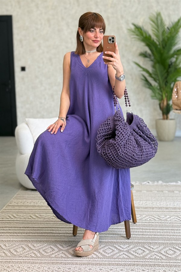 Ön Arka V Yaka Kolsuz Keten Elbise Mor Renk