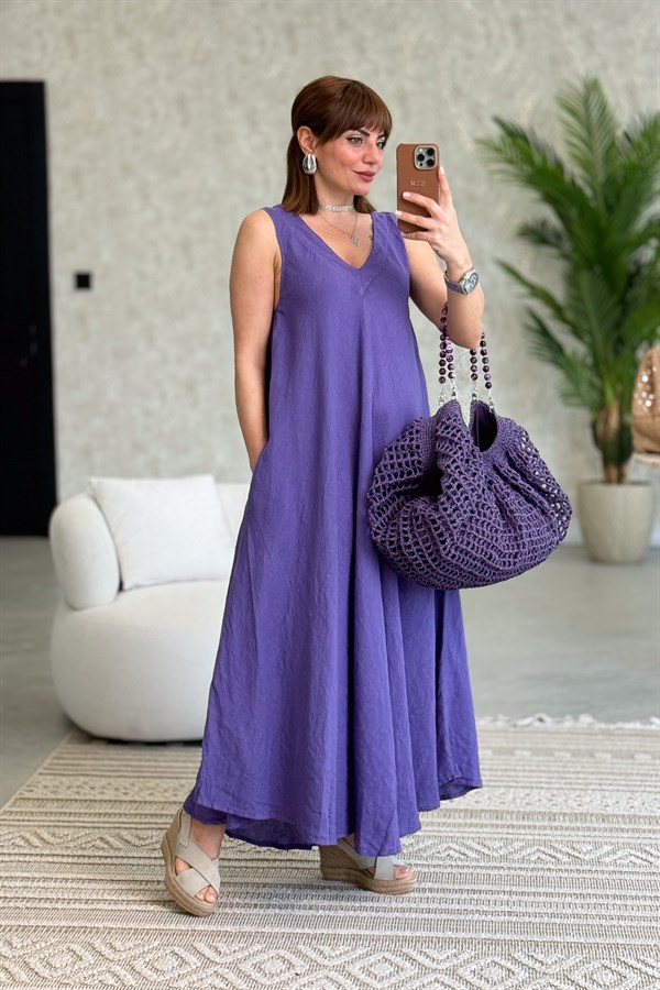 Ön Arka V Yaka Kolsuz Keten Elbise Mor Renk