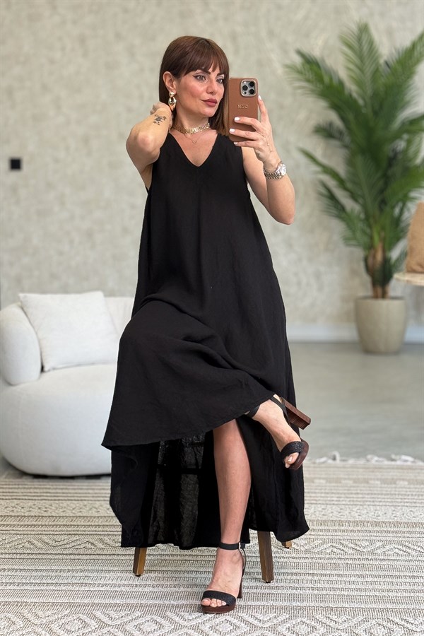 Ön Arka V Yaka Kolsuz Keten Elbise Siyah Renk