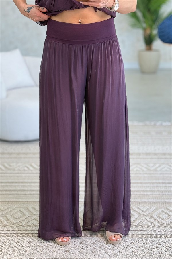 Önü Kısa Arkası Uzun Askılı İpek Bluz Ve İpek Pantolon Takım Mürdüm Renk