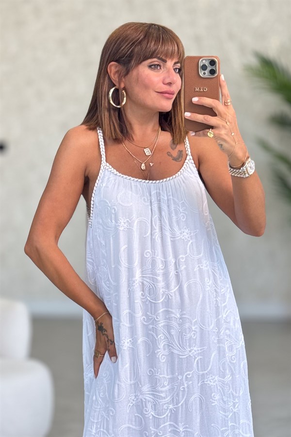 Örgü Askılı Nakışlı Pamuklu Elbise Beyaz Renk