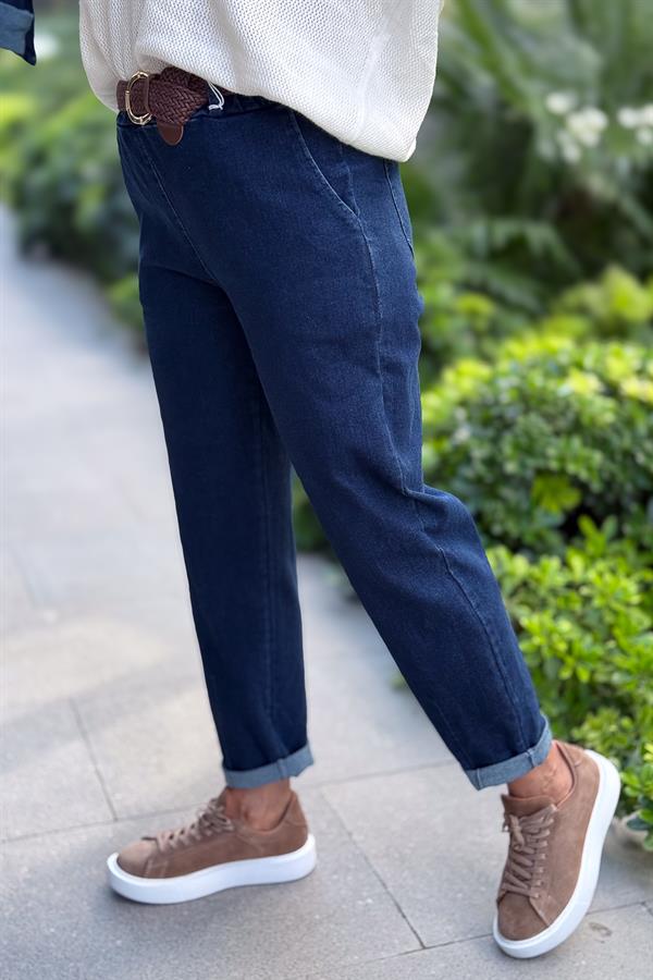 Örgü Deri Kemerli Likralı Kot Pantolon Mavi Renk