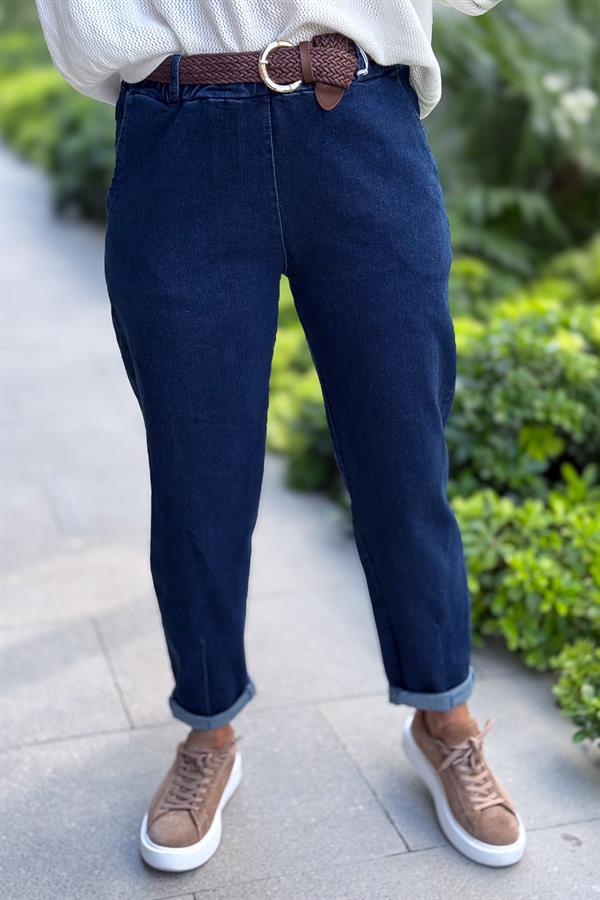 Örgü Deri Kemerli Likralı Kot Pantolon Mavi Renk